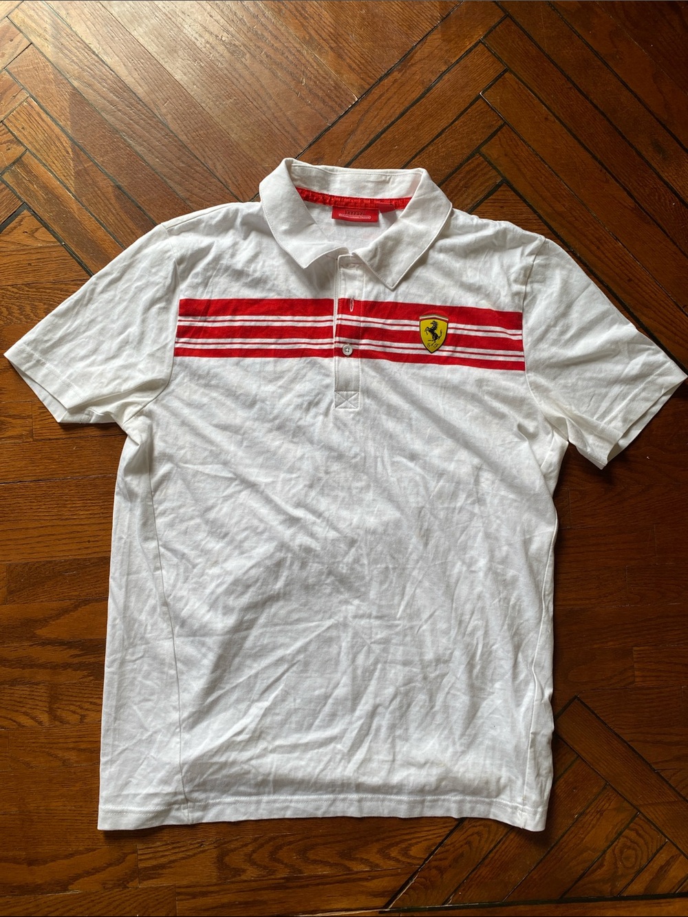 Ferrari White Polo Shirt with Red Chest Stripes and Shield
